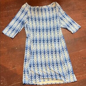 Zen-knits Chic Blue and Cream 3/4 Sleeve Dress